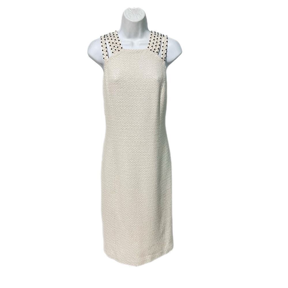 St. John Metallic Knit Midi Dress Silver Ivory 10 Embellished Straps Wool Blend